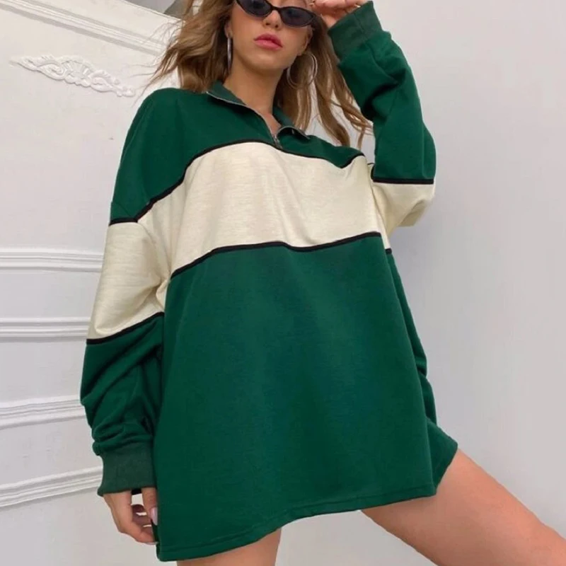 

Vintage Green Color Block Zip Up Oversized Sweatshirt Women Loose Casual New Preppy Style Winter Tops Fashion Girl Clothes Teens