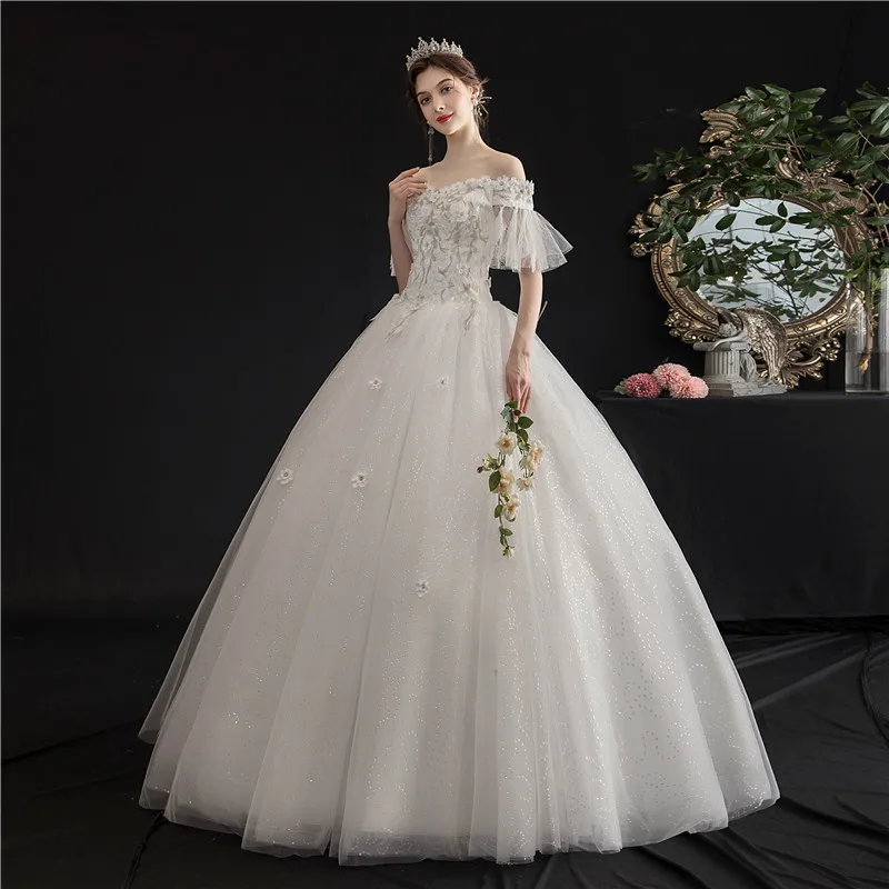 Свадебное платье Новинка 2022 года Бальное с вырезом лодочкой и открытыми плечами