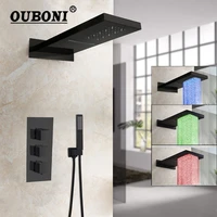 ouboni matte black led bathroom shower set rainfall waterfall 3 function wall mounted soild brass bath shower mixer faucet set