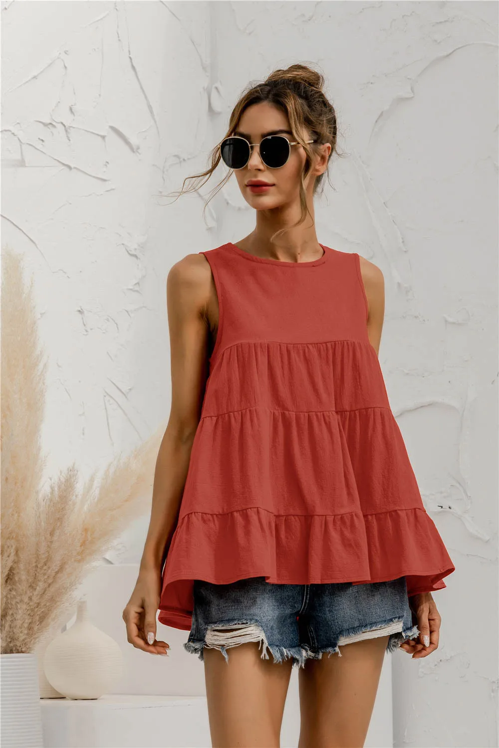 

2021 spring and summer new round neck sleeveless multi-section stitching loose big swing vest top