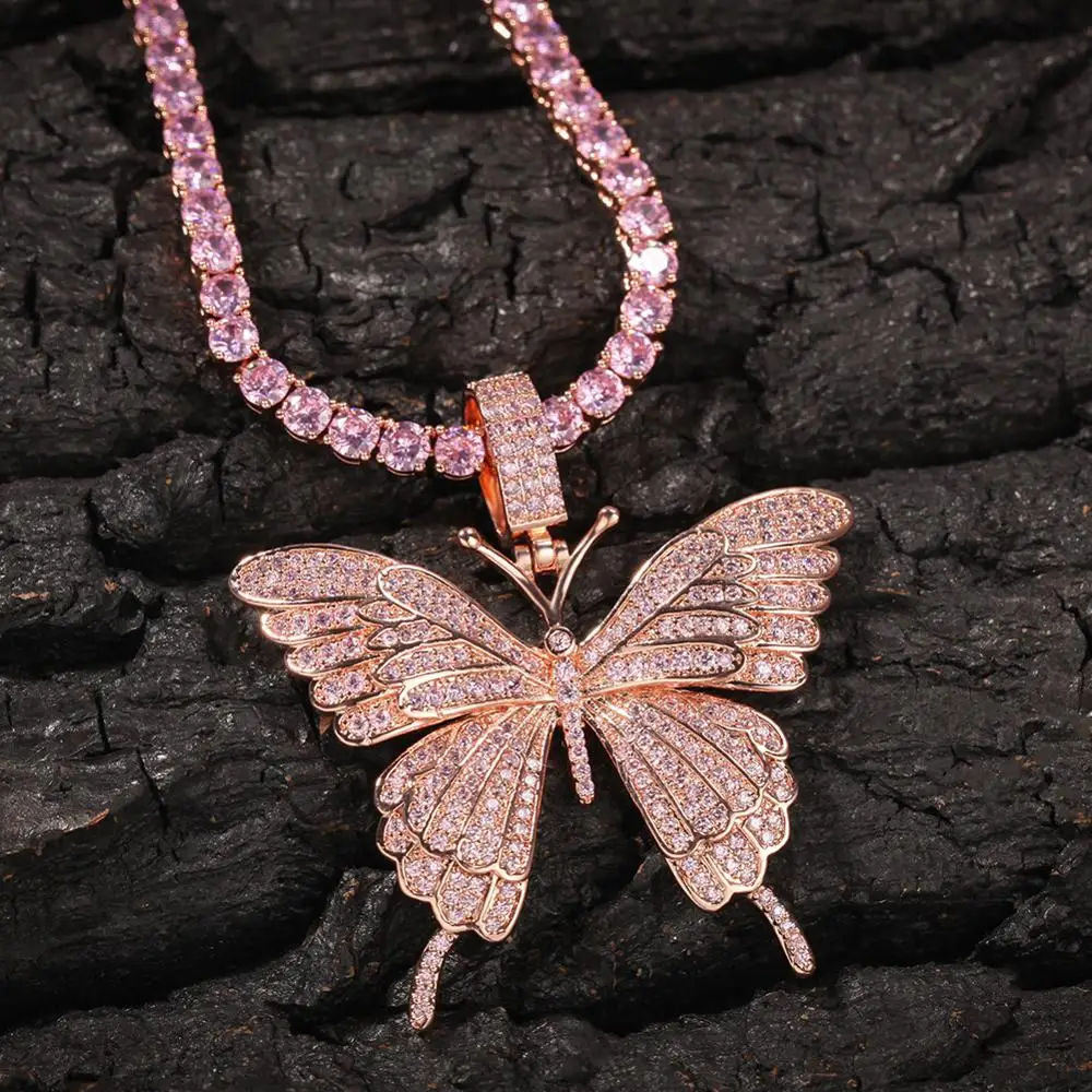 

Men's Iced Out Pink Butterfly Pendant Cubic Zirconia Necklace Hip Hop Jewelry Charm Women Gift with Tennis Chain