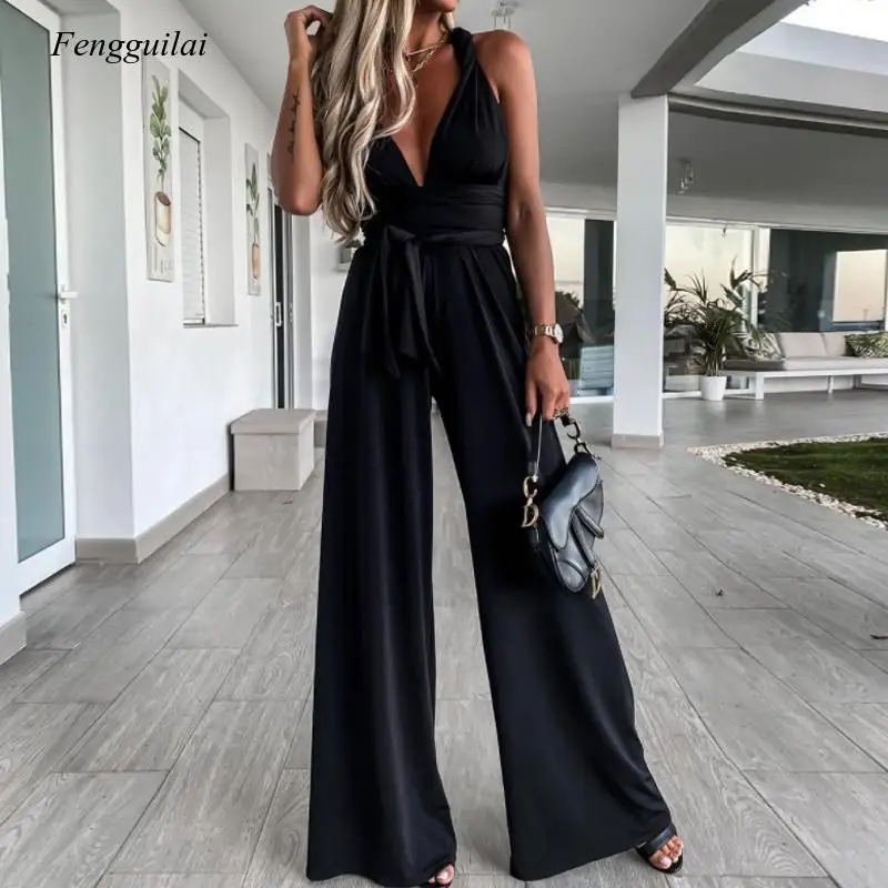 

Women Deep V Neck Belt Jumpsuit Summer Sleeveless Backless Playsuits Fashion New Sexy Casual Loose Wide Leg Slim Bodysuits