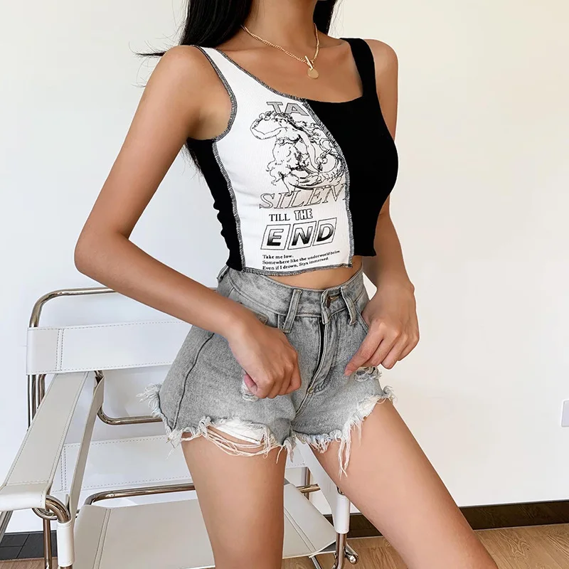 

Black Goth Woman Cool Tank Tops Gothic Camisole Hipster Basic New Camis Print Short Length Punk 2022 Lady Contrast Color Cartoon
