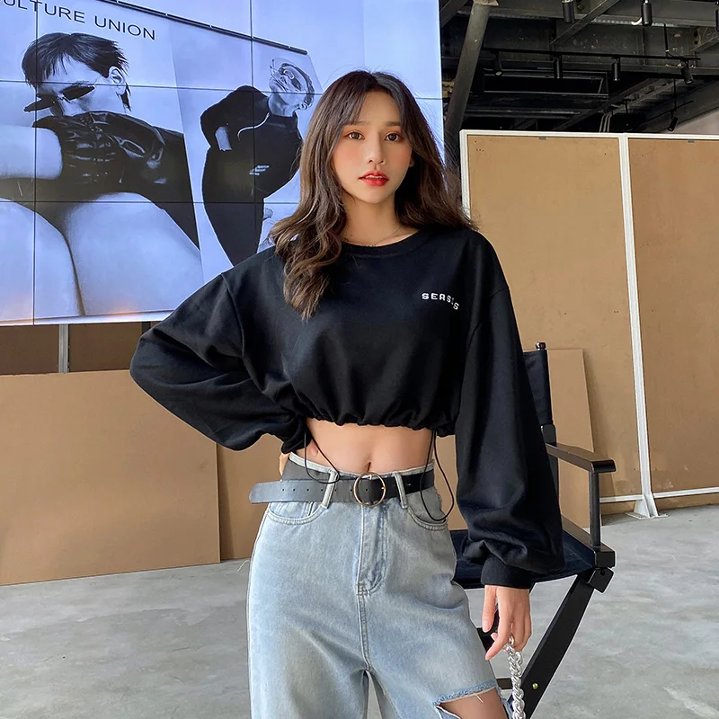 

Casual Loose Women Hoodies Sweatshirt Korean Streetwear Sexy Drawstring Short Sweatshirts Spring 2021 Ladies Chic Black Top