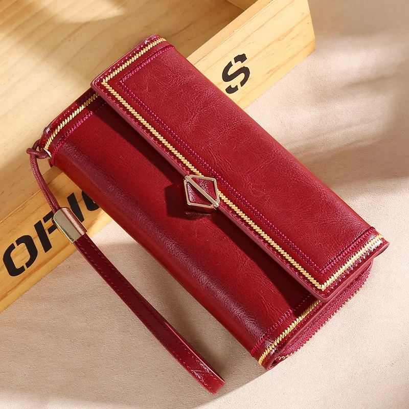 

2021 New Retro Ladies Leather Wallet Large Capacity Oil Wax Leather Wallet High Quality Cowhide Long Wallet
