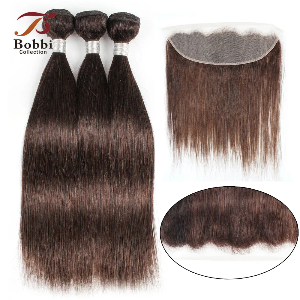Brown Straight 2/3 Bundles with 13x4 Lace Frontal Closure Ear to Ear Pre-Plucked Remy Human Hair Weave BOBBI COLLECTION