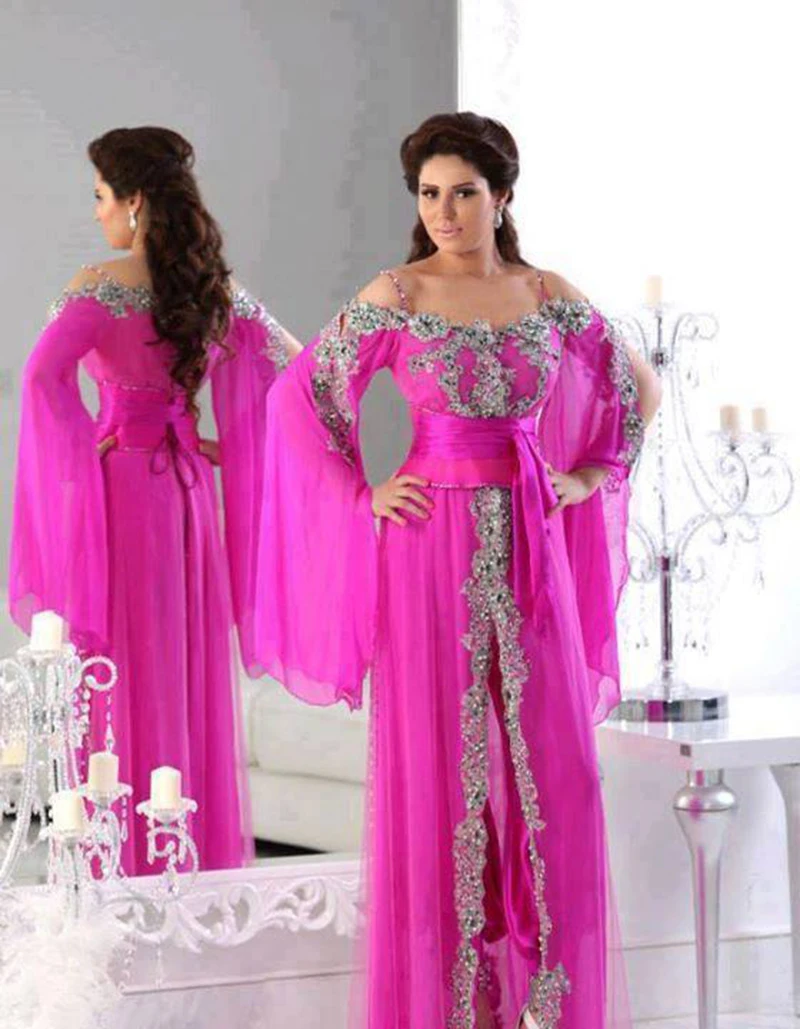 

Morocco Kaftan Muslim Evening Dresses Fushcia Spaghetti Strap Beading Appliques Lace Long Sleeves Arabic Dubai Prom Party Dress