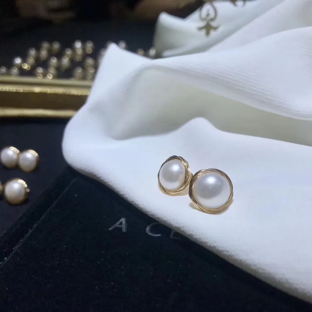 ANI 14K ролл Золотые женские серьги-гвоздики ручной работы пресноводный белый жемчуг oorbellen рулон Золотой букле d oreille модный дизайн ювелирных изделий