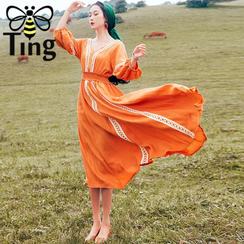 Tingfly винтажное пляжное стильное платье трапециевидной формы, кружевное длинное платье средней длины в стиле пэчворк с завышенной талией и бантом сзади, Vestidos