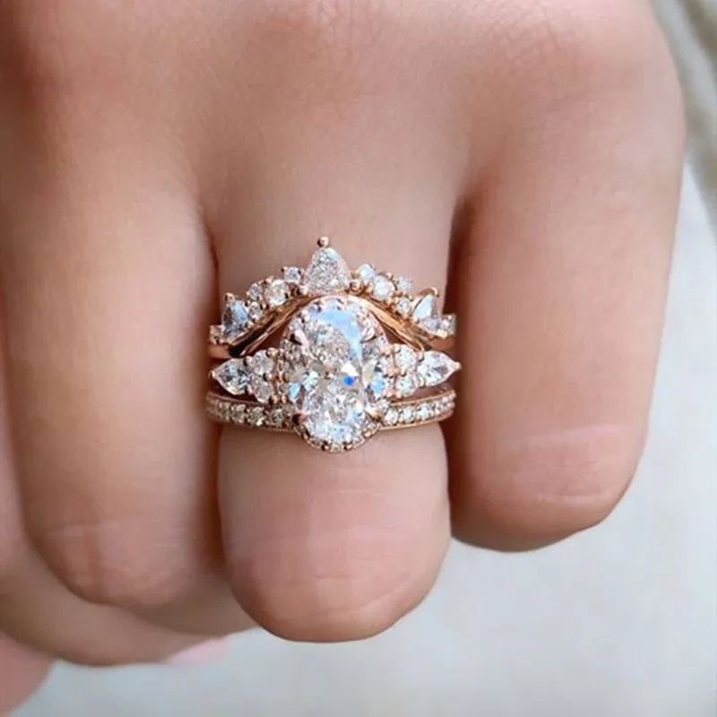 

3 Pcs/Set Classic Crown Oval Rhinestone Zircon Wedding Engagement Ring Gold Color Dazzling AAA CZ for Women Party Jewelry