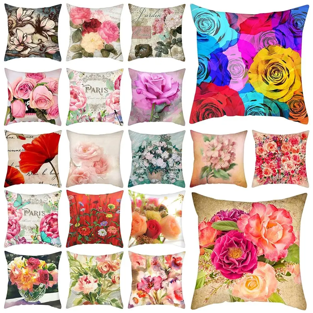 

45*45 cm Vintage Flower Pillow Case Bedroom Living Room Seat Sofa Peach Skin Soft Cushion Cover Home Decoration Gifts