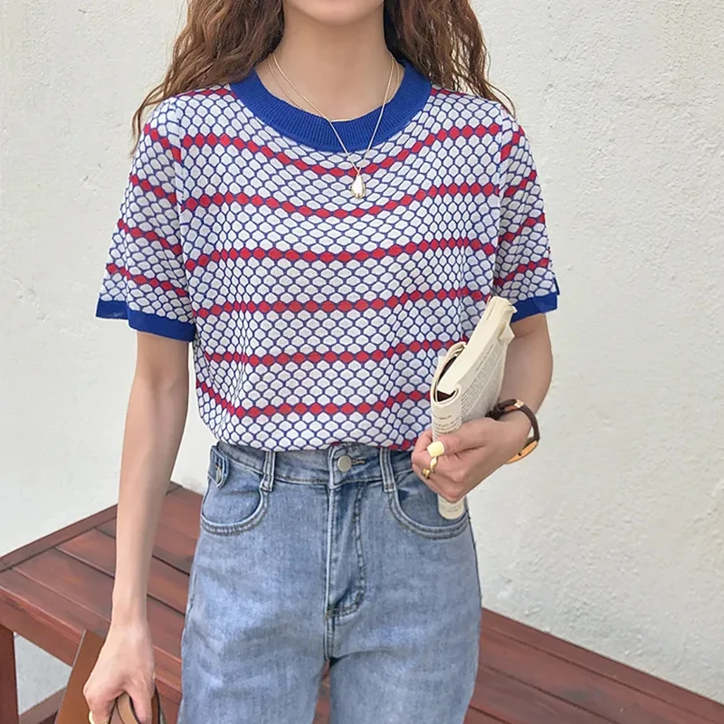 

Женский трикотажный свитер с геометрическим рисунком, элегантный винтажный свитер из вискозы с коротким рукавом и круглым вырезом, летний ...