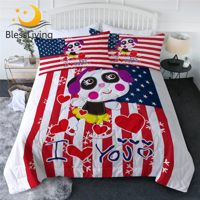 BlessLiving Flag Summer Quilt Stars and Stripes Comforter Set Cute Panda Bedclothes Cartoon Textile Graphic Couette De Lit 3PCS 1