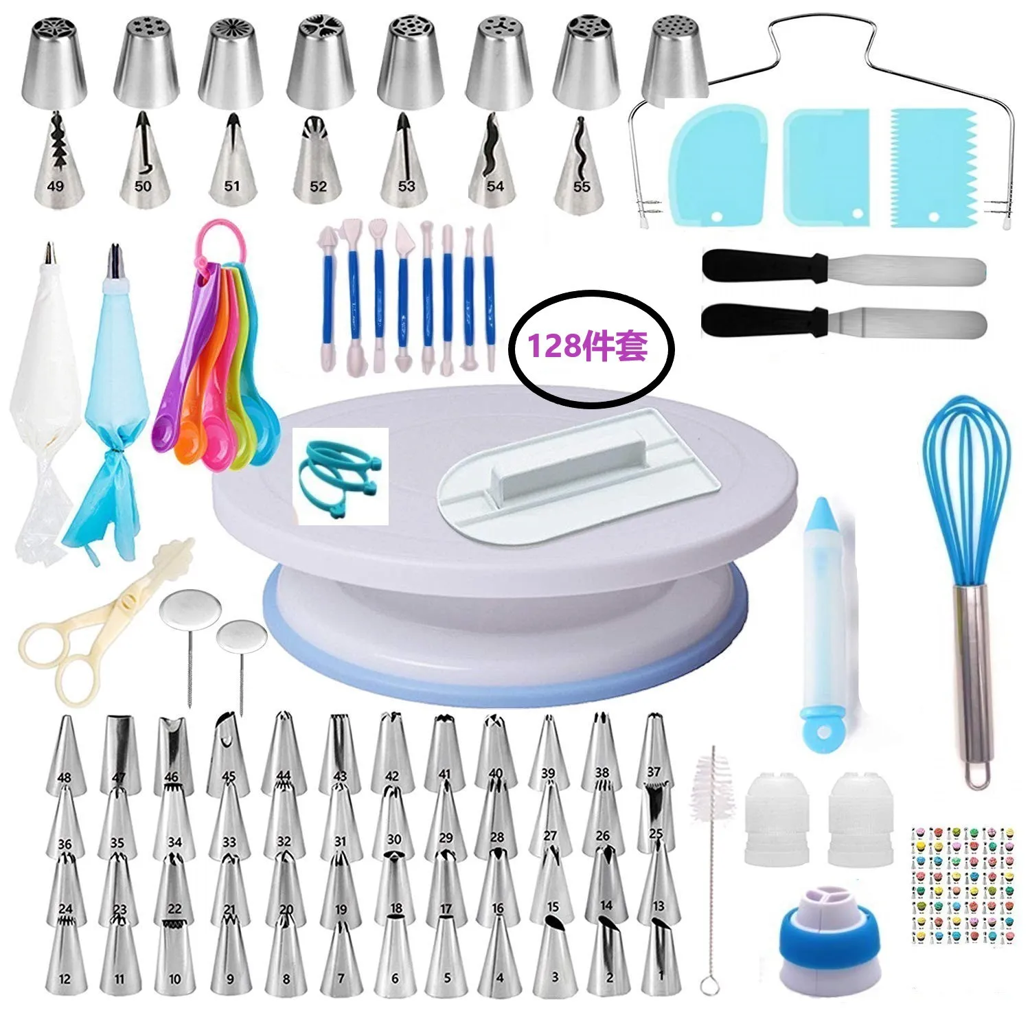 

Cake Decorating Tools for Beginners 128 Pcs Set Cake Turntable Russian Nozzle Pastry Bag Cream Scraper Spatula Blue Fondant Tool