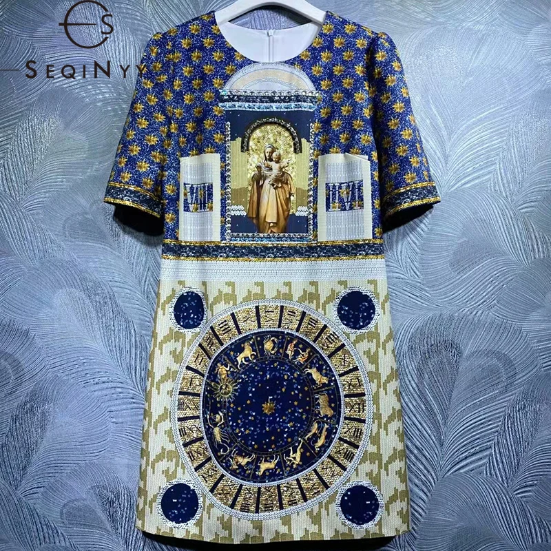 

SEQINYY Pencil Mini Dress Summer Spring New Fashion Design Women Runway Vintage Golden Flowers Print Crystal High Quality