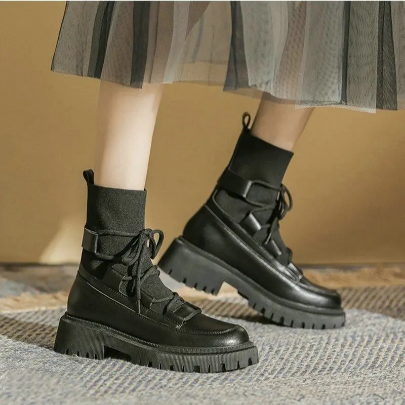 

Womens Designer Boots Ankle Knitting Sock Boots Autumn Winter Ladies Fashion Lether Martin Boots Black Platform Boots Shoe