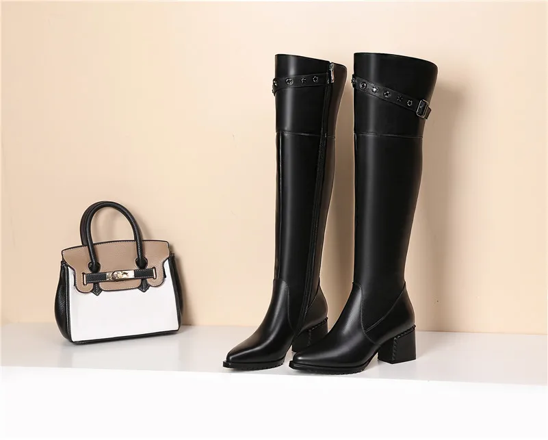 Meotina Winter Over The Knee Boots Women Natural Genuine Leather Buckle Thick High Heel Long Boots Zip Pointed Toe Shoes Lady 42