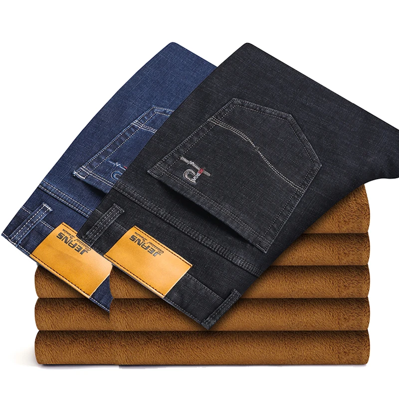 

42 Plus Size 44 46 Winter Men Winter Warm Jeans Business Fashion Regular Fit Stretch Fleece Thick Trousers Male Brand Black Blue