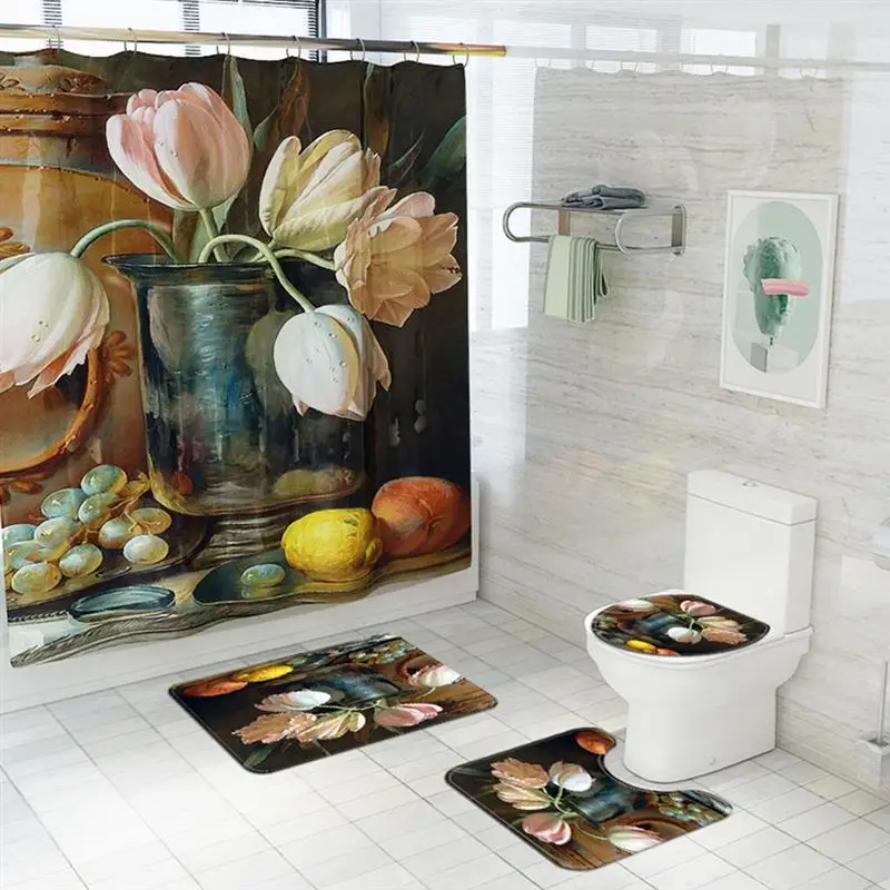 

Shower Curtain Bath Mat Set Flower 3D Printing Non-Slip Toilet Cover Bath Rug Home Decor Hotel Bathroom Carpet