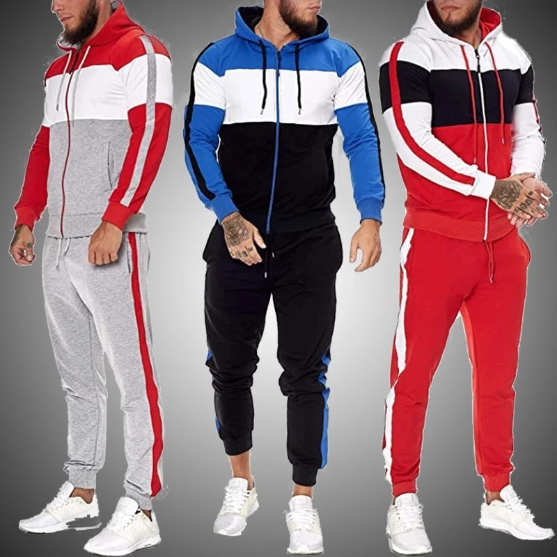 

Spring Autumn Men's Sports Hoodeis Set Hooded Patchwork Fashion Casual Jogger Sweatshirts Pants 2 Pieces Suit Men Tracksuit