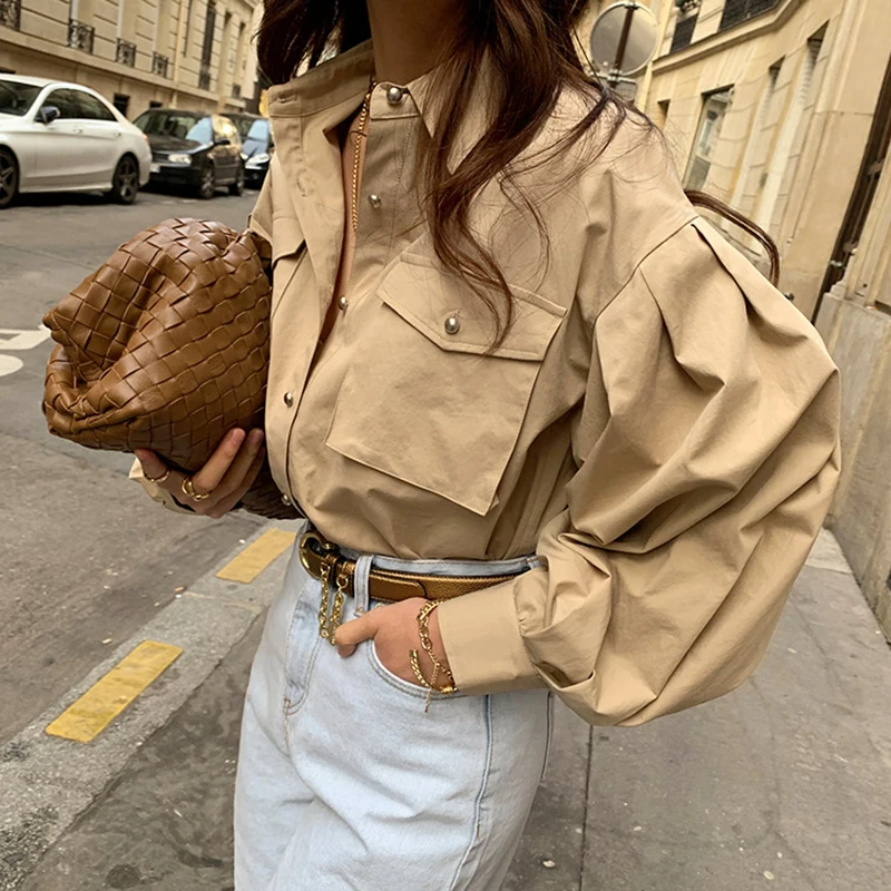 

GALCAUR Autumn Shirts For Women Lapel Long Sleeve Loose Oversized Safari Style Patchwork Buttons Blouses Female 2021 New Clothes