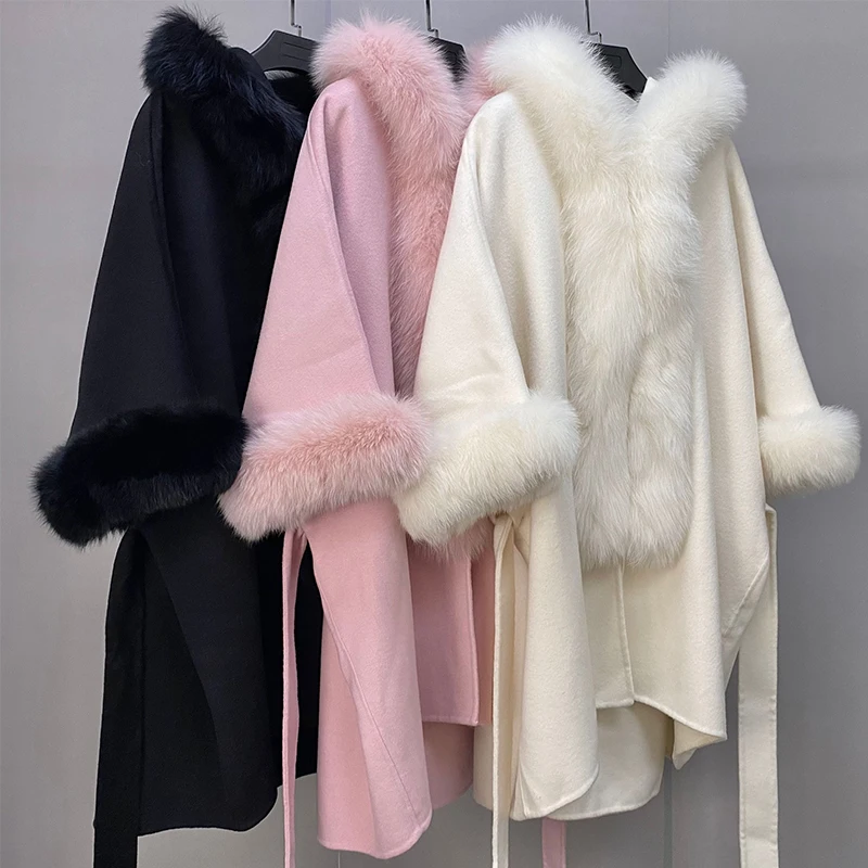 

New 2023 fashion Real Wool Blend Belted Coat Plush Natural Fox Fur collar Trench overcoats