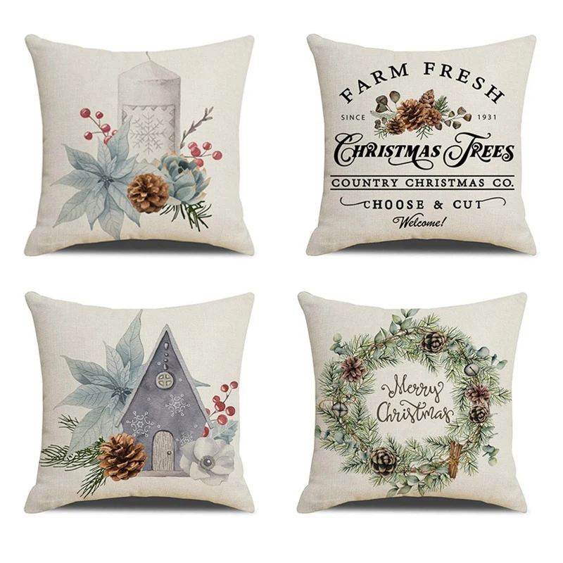 

Christmas Cushion Cover Simple Painting Printed Pillow Covers 18X18 Inch Xmas Decor Candle Bird Flower Linen Pillowcase