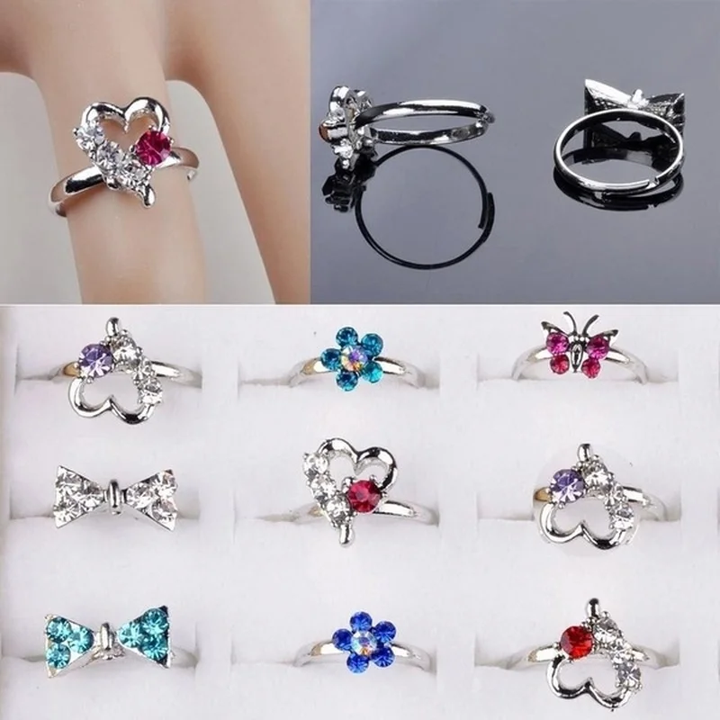

10pcs Wholesale Mix Many CZ Crystal Children Kids Alloy Adjustable Rings