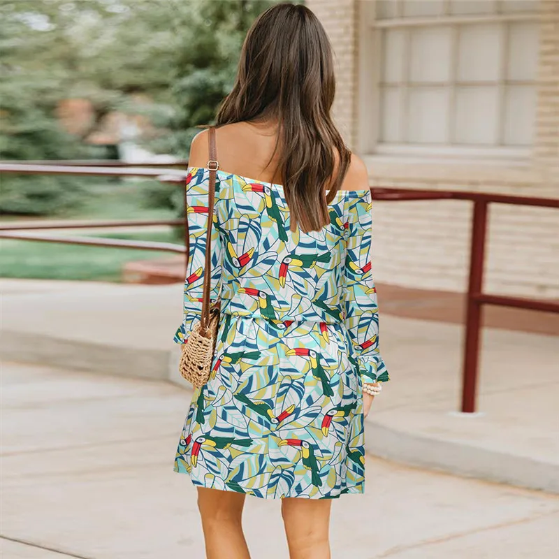 

Fashionable 2021 New Summer Sexy Floral Slim Knitted Short Dress Women's Casual Slash Neck Long Sleeve Printed Mini Dresses