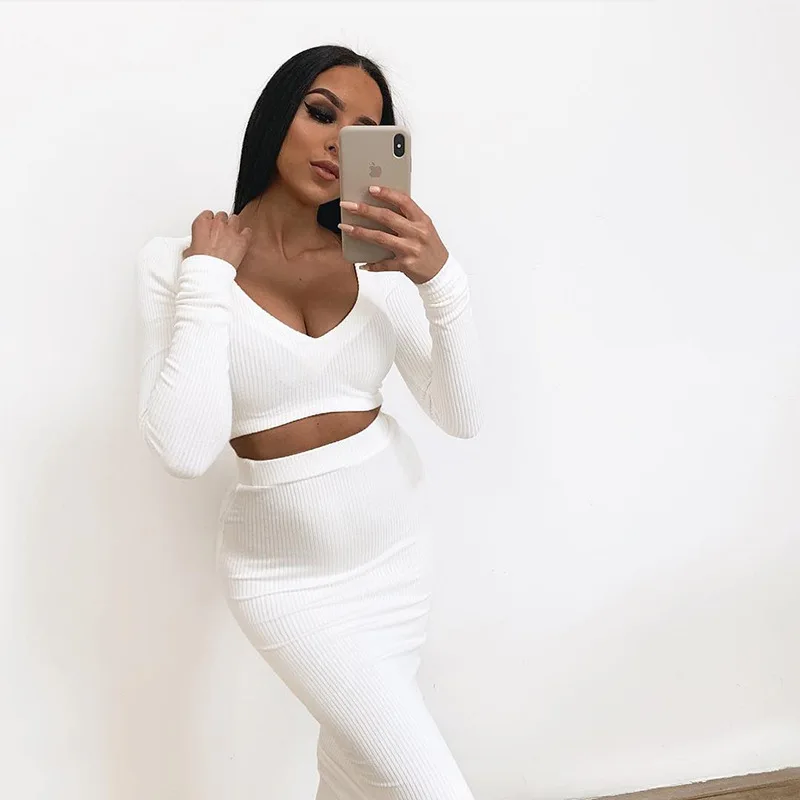 

2021 Women Winter Sexy V-Neck Two Piece Sets Wrap Bodycon 2 Pieces Outfits Long Sleeve Crop Top Knitted Long Skirt Party Sets