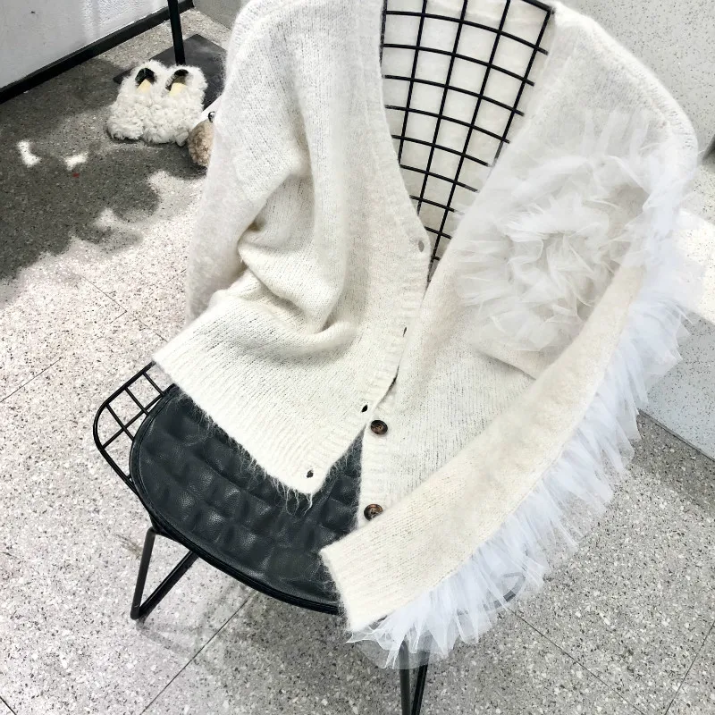 

2020 Spring New Sweaters for Women Loose V Neck Mesh Patchwork Coat Knitted Cardigan