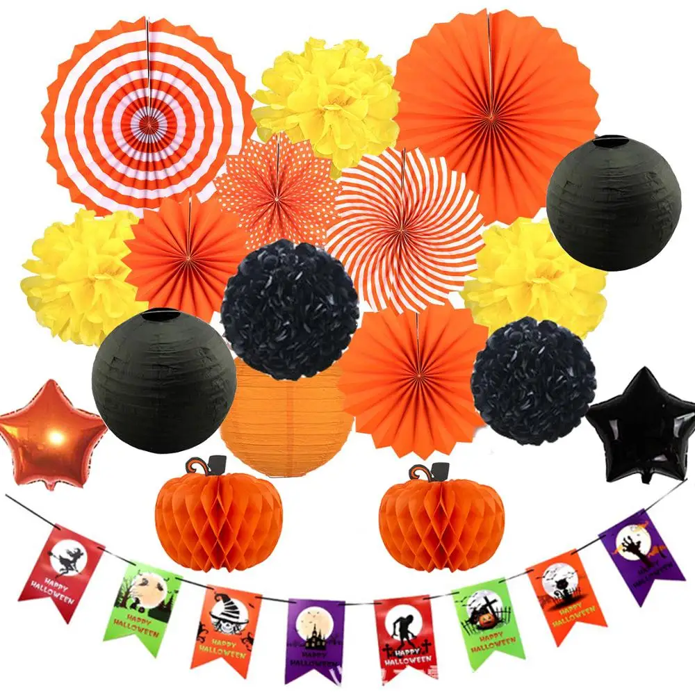 Оранжевый и черный Хэллоуин украшения красочный баннер pumkin соты Pom цветок