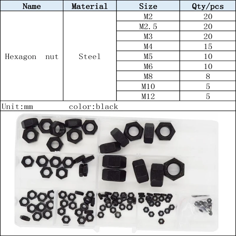 Черный кабон стали шестигранная гайка Ассортимент Комплект M2 M2.5 M3 M4 m5 m6 m8 m10 m12 |