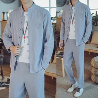 cotton and linen suits for men long sleeved chinese style linen shirt and trousers two piece tang suit youth hanfu