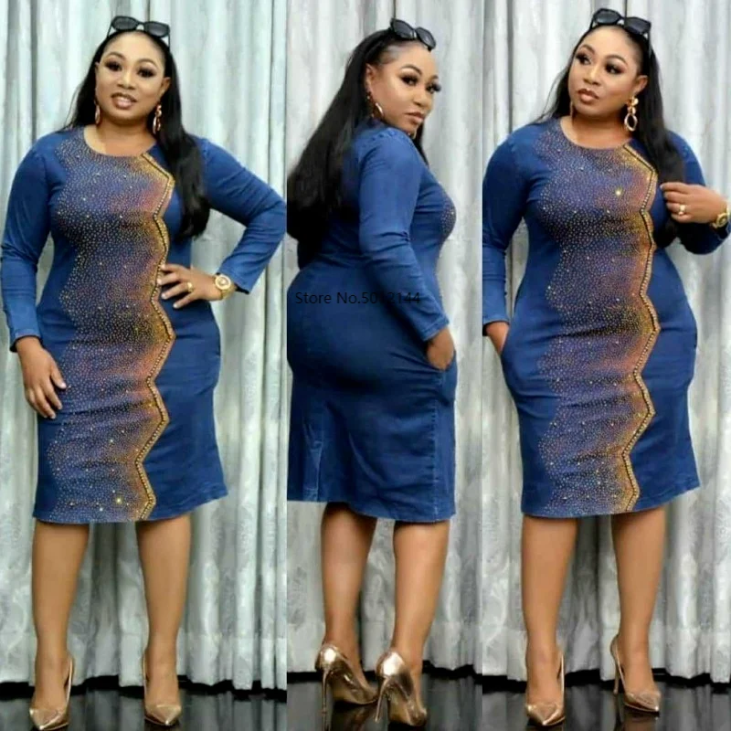 Большой Размеры 5XL Модные женские джинсовые горячей бурения платье Элегантная