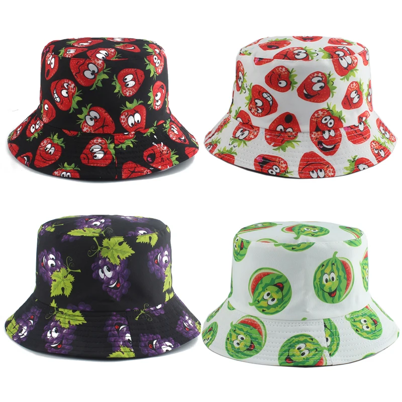 

Cute Strawberry Printed Fisherman Hat Women Men Summer Foldable Panama Bucket Hats Reversible Fishing Cap Bob Chapeau Sun Caps