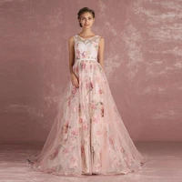 pink prom dresses long floral print organza pageant dress backless chapel train party dress women wedding tulle dress plus size