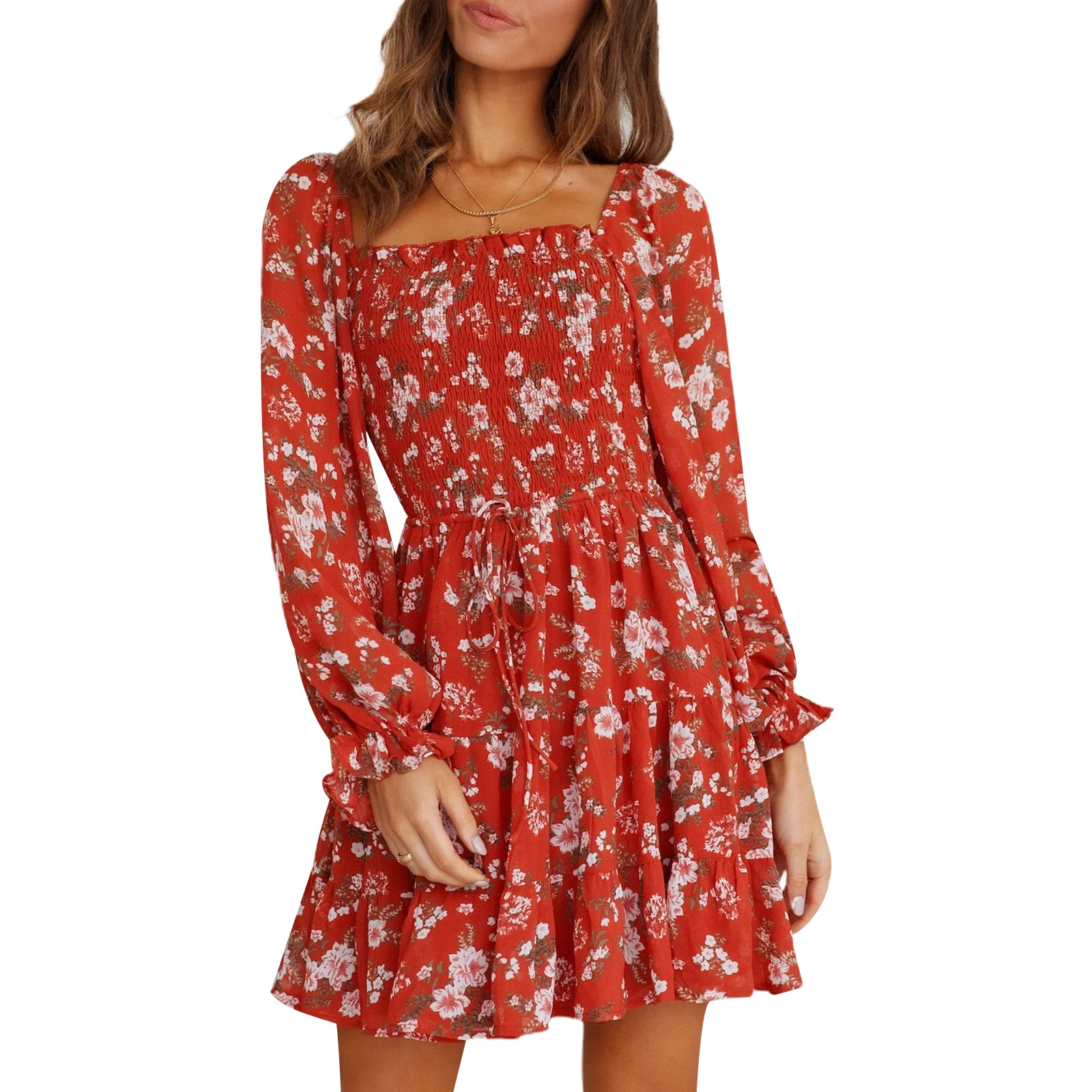 

Женское платье с цветочным принтом, платье с квадратным вырезом и длинным рукавом и широким подолом, модные платья темно-синего/красного цв...