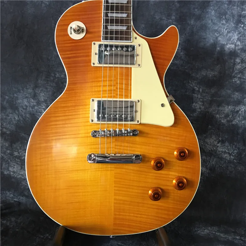 hohe qualität sechs string elektrische gitarre gelb überzogene hardware top ahorn flamme fabrik anpassung free global shipping