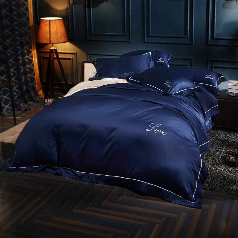 Luxury Hotel 4pcs Imitate Satin Navy Blue Queen King Size Bedding Sets Flat/Fitted Bed Sheet Duvet Cover Pillowcase Set | Дом и сад