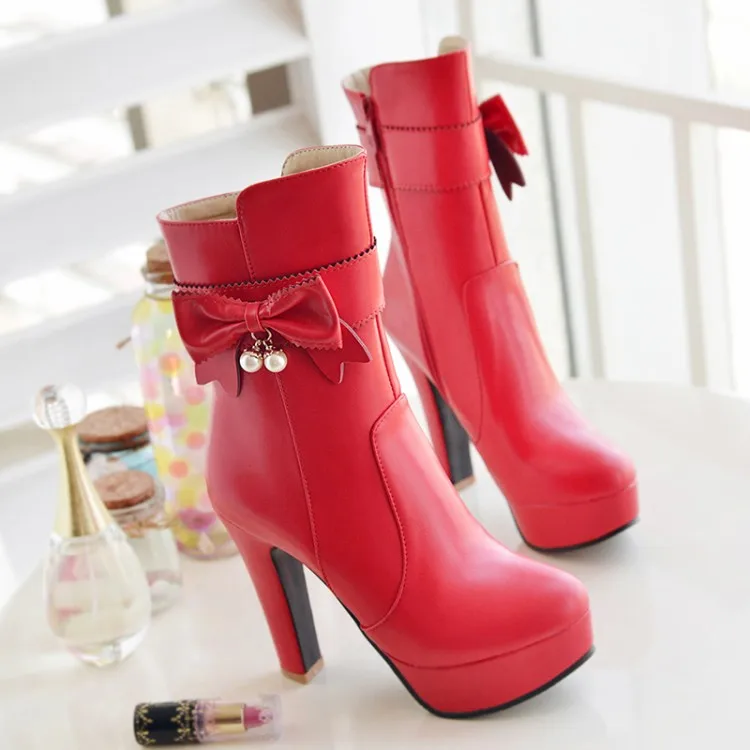 Большие размеры 11-14 Ботинки Женская обувь Женские ботильоны ботинки с бантом на