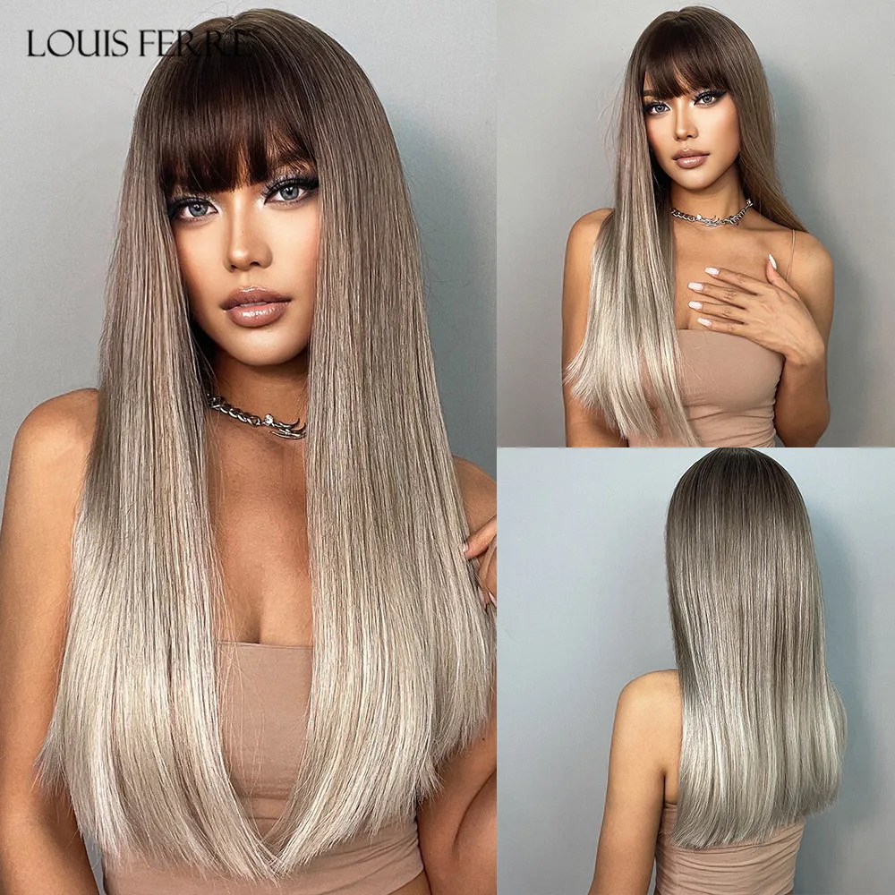 

LOUIS FERRE Long Straight Synthetic Wigs with Bangs Ombre Brown Light Blonde Wigs Natural Dark Root Daily Cosplay Wig for Women