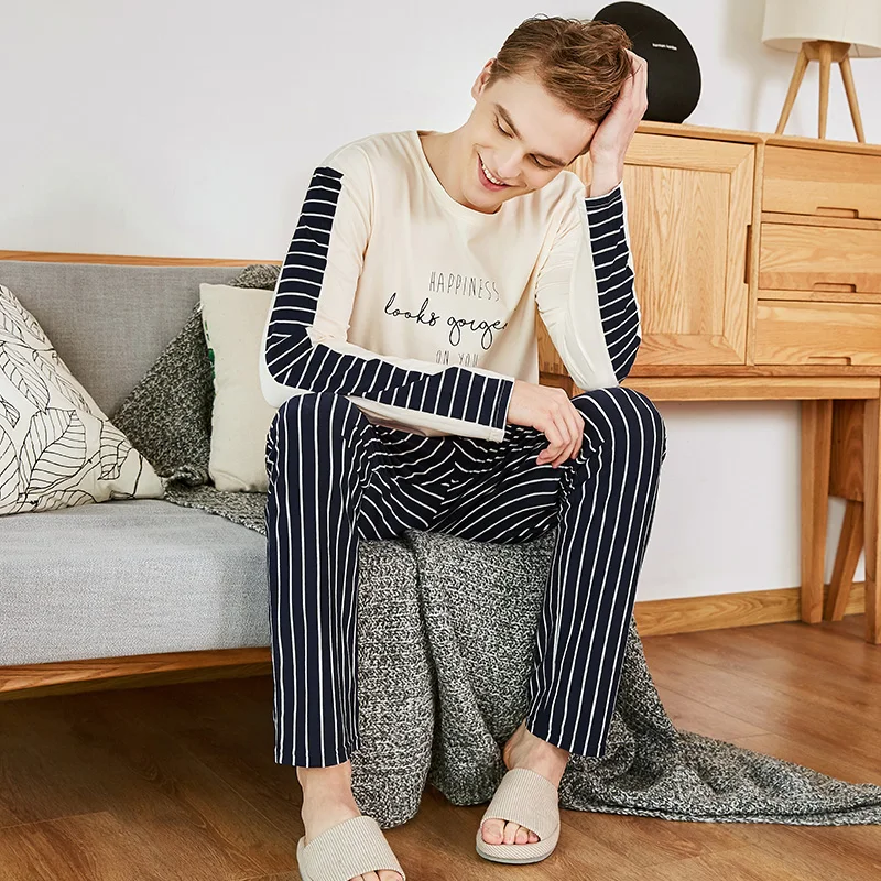 

Autumn new product knitted cotton homewear, comfortable and breathable men's long-sleeved striped pants pajamas