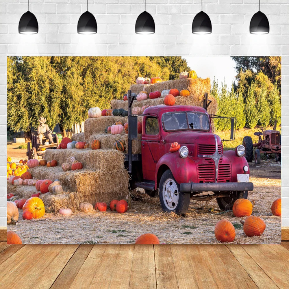 

Laeacco Autumn Farm Background For Photography Harvest Pumpkin Truck Haystack Scenic Photo Backdrop Photocall Photo Studio