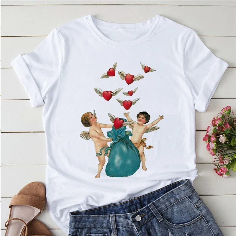 

Women'S Tshirts Tops Abstract Art Harajuku Street Style Vintage Clothes Kawaii Sweety Angle Print Feminine Cute T-Shirt