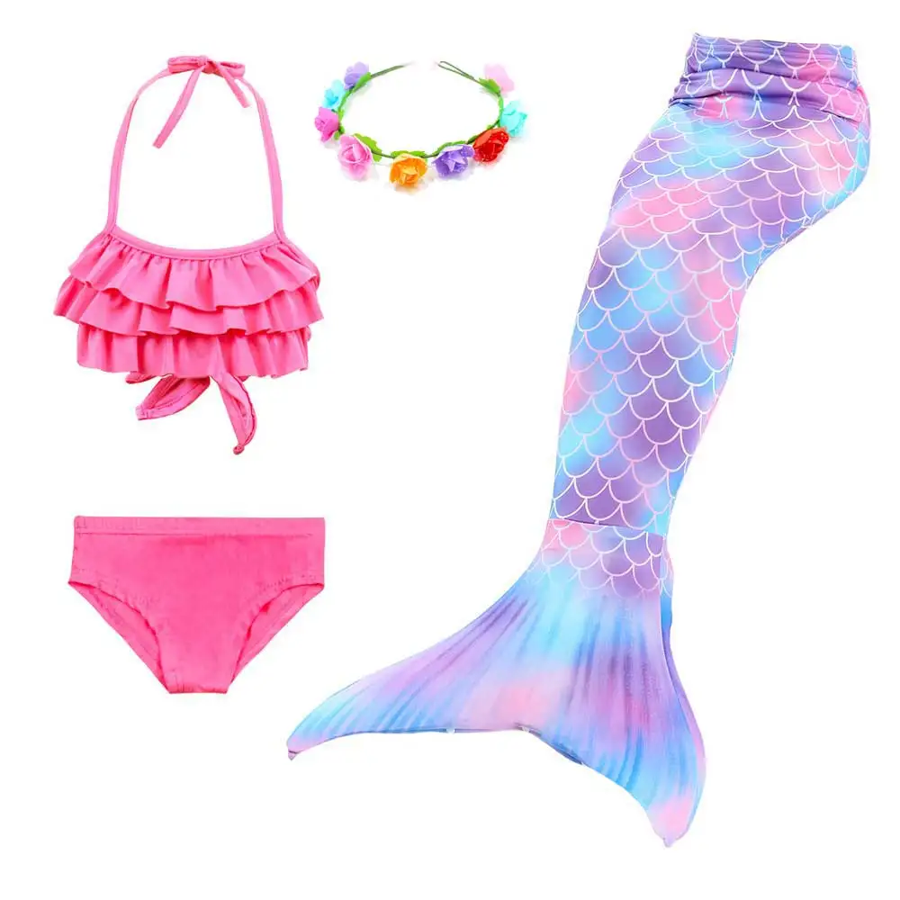 4pcs Set 4 Girls Walkable And Swimmable Mermaid Tail Swimsuit Cosplay Costume Kids Children Bikini And Sparkle Mermaid Swimtail - Цвет: 4pcs Set 4