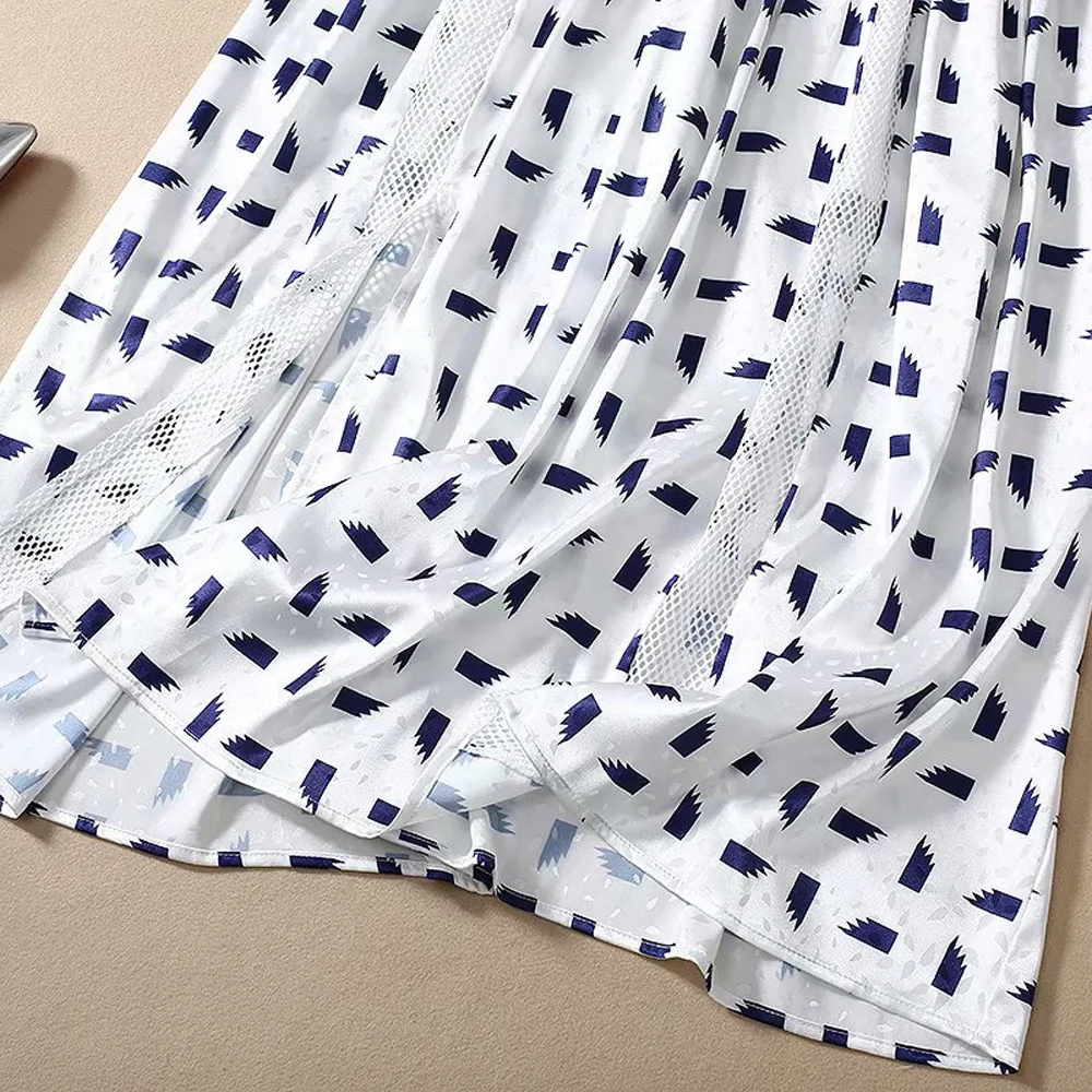 

Spring Fashion 2021 Style Dress High Quality Women Turn-down Collar Chic Print Hollow Out Mesh Patchwork Long Sleeve White Dress