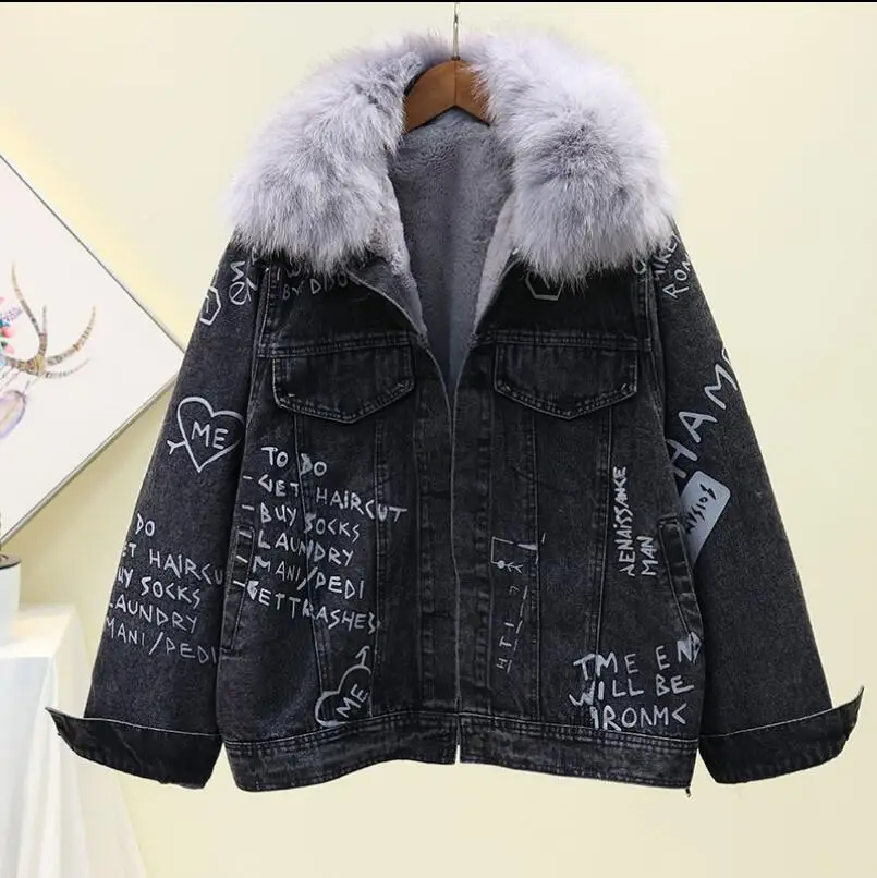 Зимняя женская куртка новинка 2019 свободная граффити натуральный мех воротник