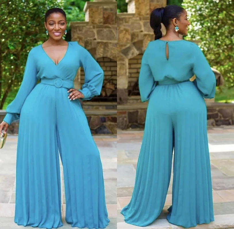 

Women Loose Jumpsuit 2021 Long Sleeve V Neck Wide Leg Pants New Elegant Office Ladies Work Wear Hight Waist Spring Summer Female