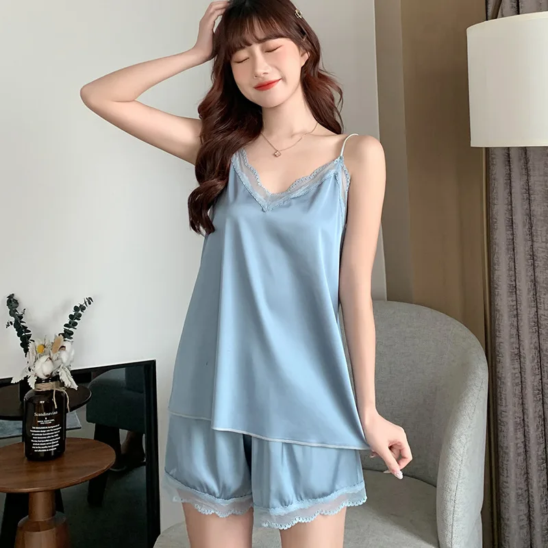 

Summer Women Sexy Thin Satin Suspender Shorts Suit Sexy V-Neck Charming Lace Women's Artificial Silk Homewear Pajamas